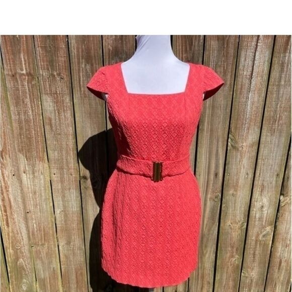Kay Unger Deep Coral Textured Gold Belted Dress - Picture 12 of 16